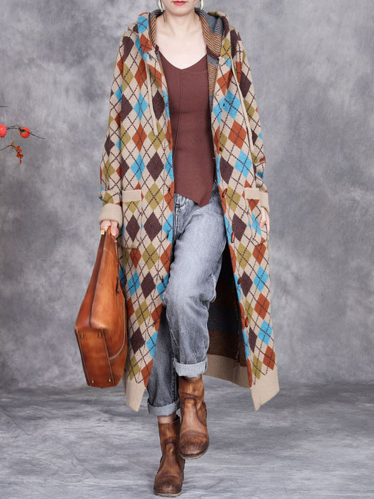 Winter Rhomboid Wool Knitted Hooded Coat Ai1001