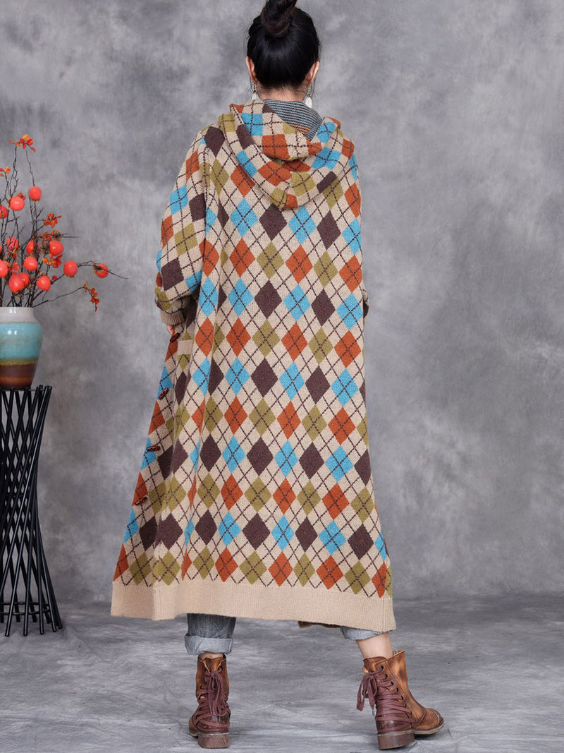 Winter Rhomboid Wool Knitted Hooded Coat Ai1001