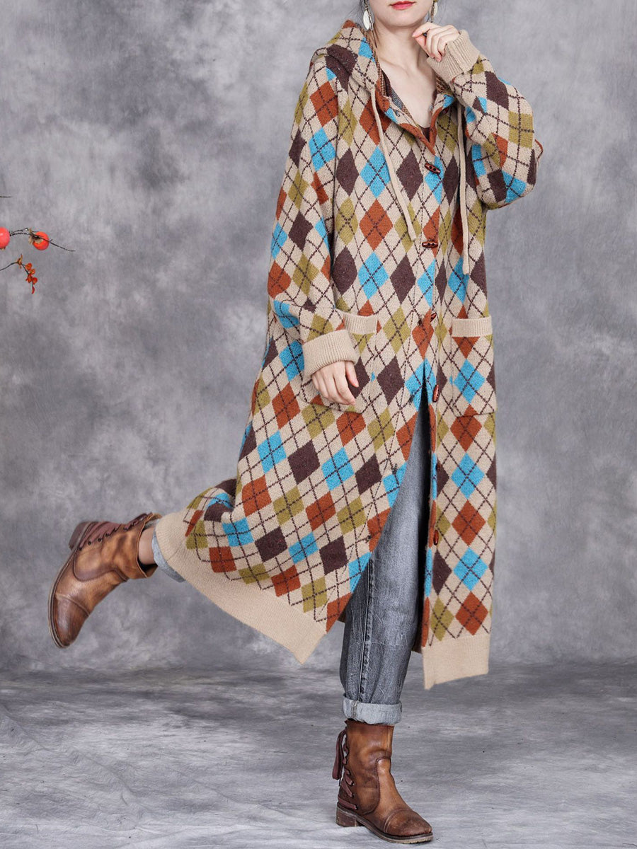 Winter Rhomboid Wool Knitted Hooded Coat Ai1001