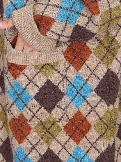 Winter Rhomboid Wool Knitted Hooded Coat Ai1001
