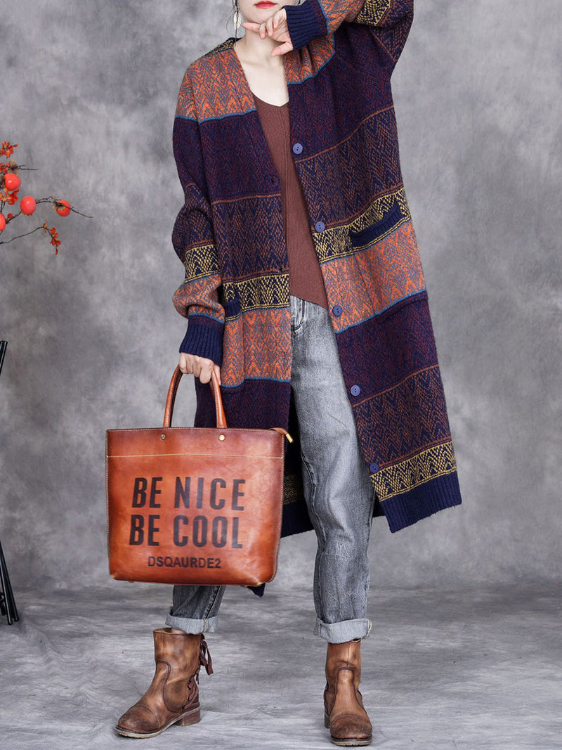 Winter Colorblock Wool Knitted Cardigan Coat Ai1034