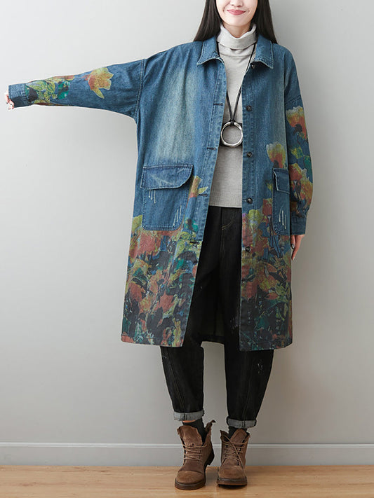 Autumn Artsy Flower Turn-down Collar Denim Coat Ai1070