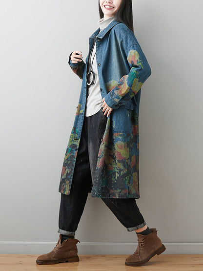 Autumn Artsy Flower Turn-down Collar Denim Coat Ai1070