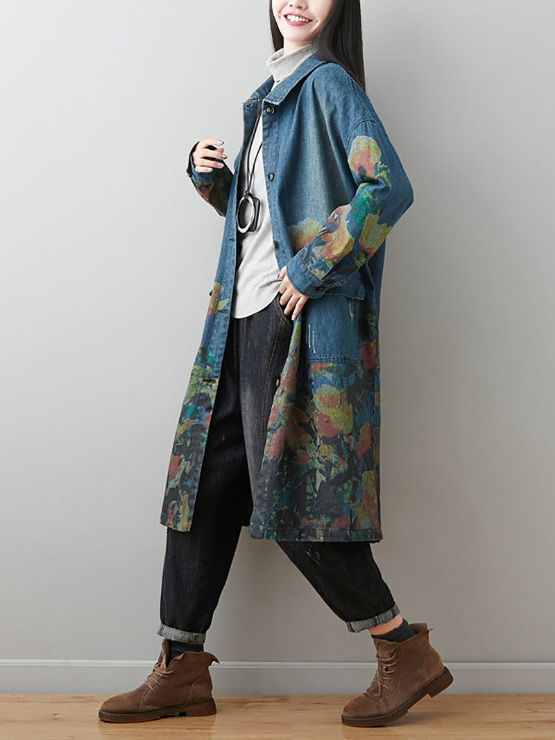 Autumn Artsy Flower Turn-down Collar Denim Coat Ai1070