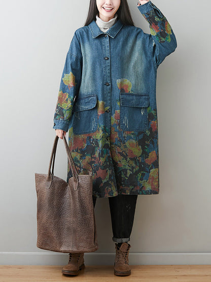 Autumn Artsy Flower Turn-down Collar Denim Coat Ai1070