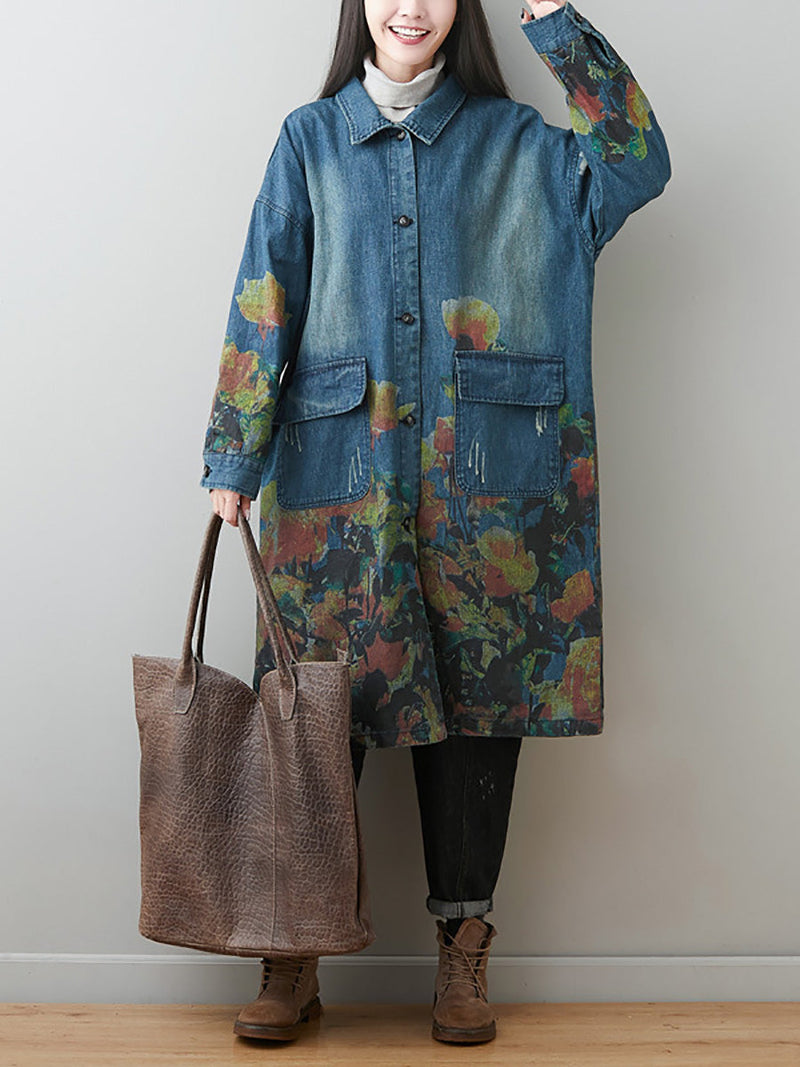 Autumn Artsy Flower Turn-down Collar Denim Coat Ai1070