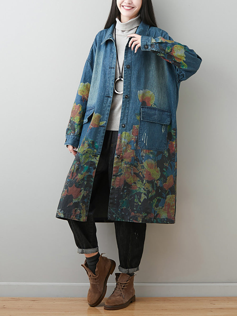 Autumn Artsy Flower Turn-down Collar Denim Coat Ai1070