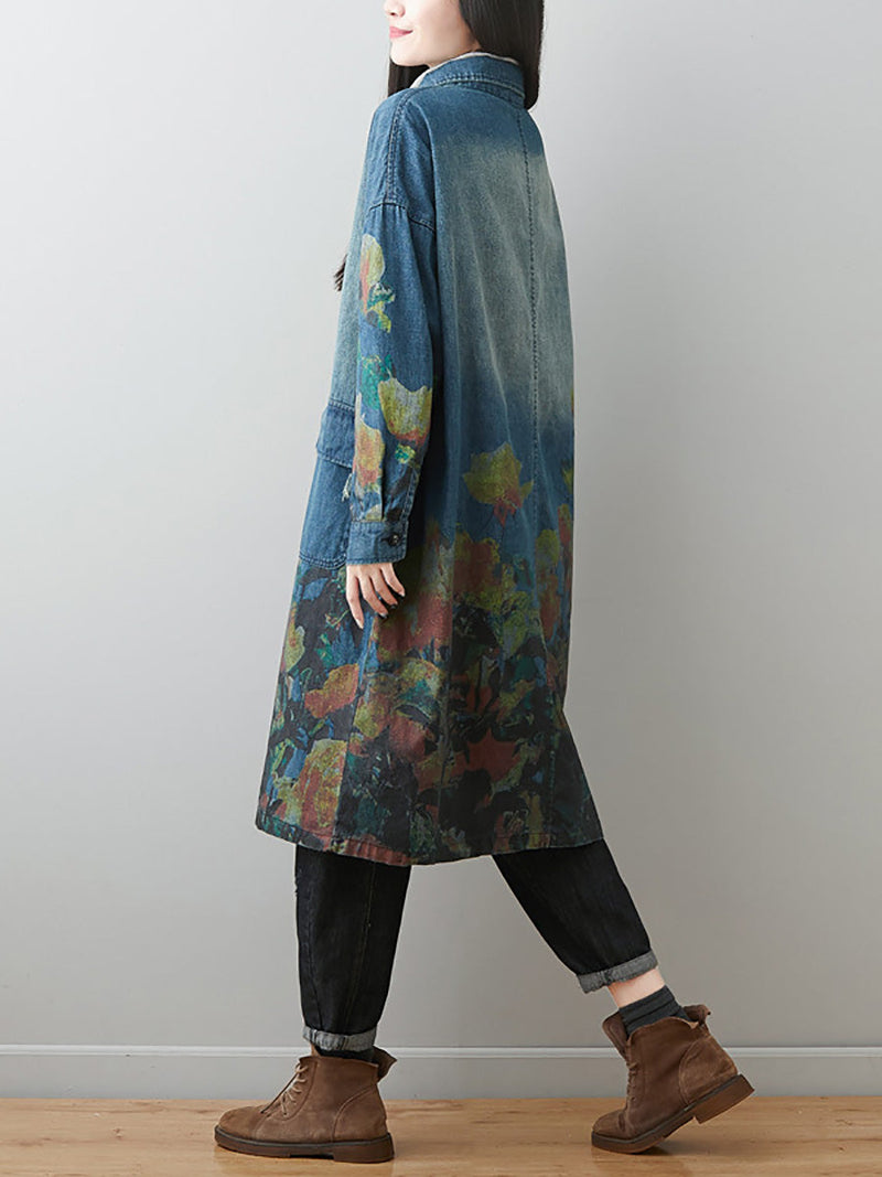 Autumn Artsy Flower Turn-down Collar Denim Coat Ai1070