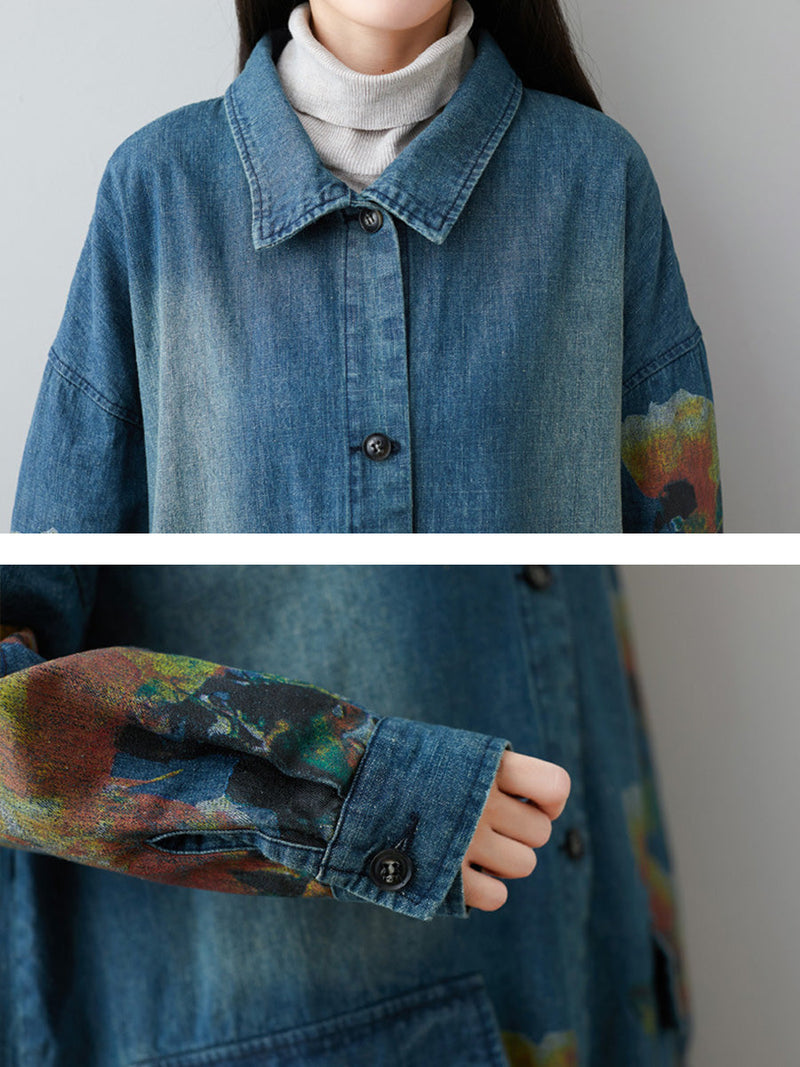 Autumn Artsy Flower Turn-down Collar Denim Coat Ai1070
