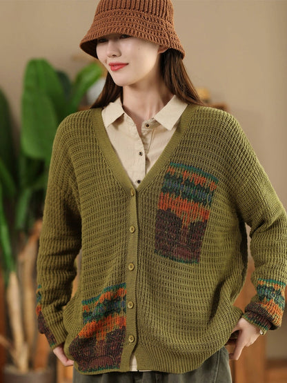 Artsy Print Knit V-neck Cardigan Sweater Ah1012