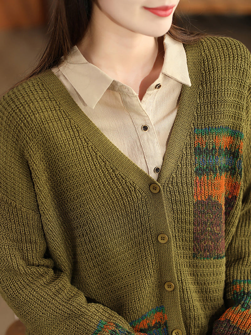 Artsy Print Knit V-neck Cardigan Sweater Ah1012