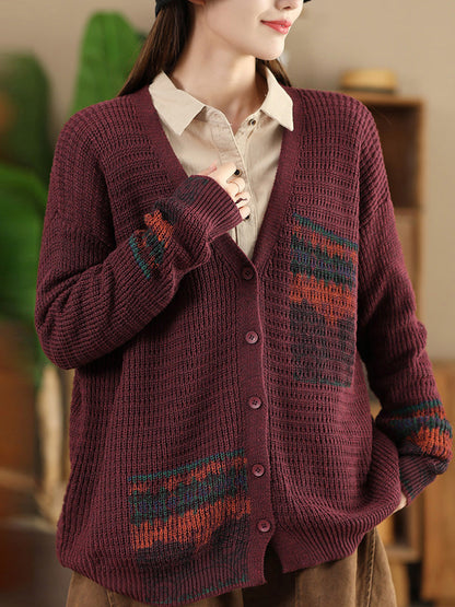 Artsy Print Knit V-neck Cardigan Sweater Ah1012