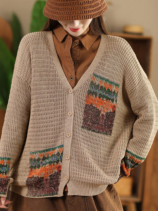 Artsy Print Knit V-neck Cardigan Sweater Ah1012