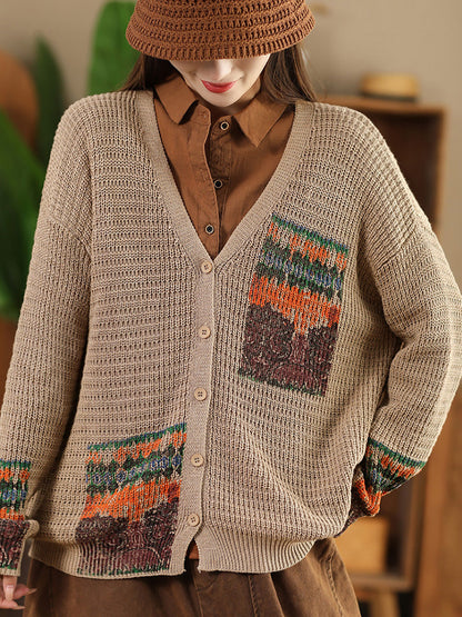 Artsy Print Knit V-neck Cardigan Sweater Ah1012