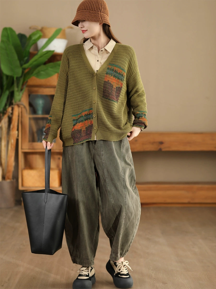 Artsy Print Knit V-neck Cardigan Sweater Ah1012