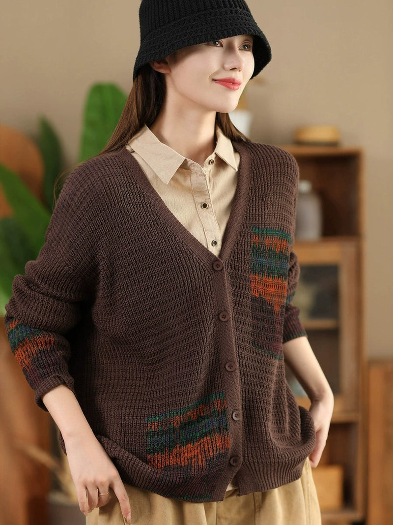Artsy Print Knit V-neck Cardigan Sweater Ah1012