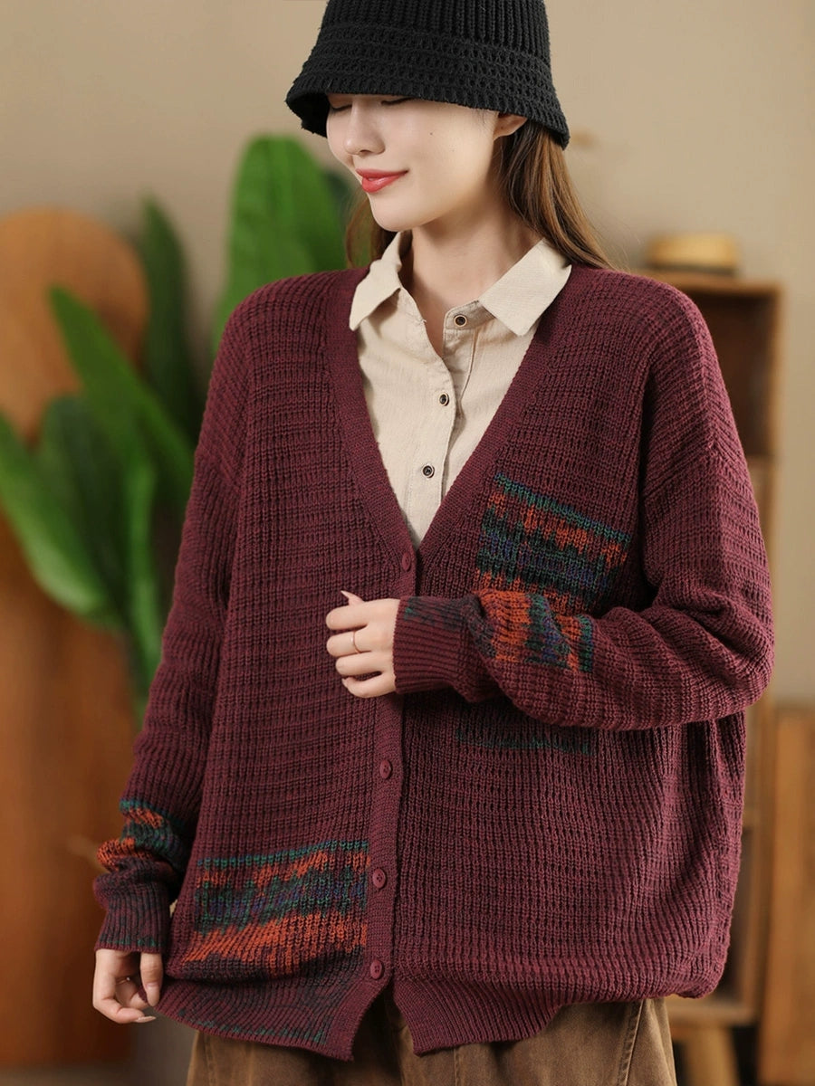 Artsy Print Knit V-neck Cardigan Sweater Ah1012