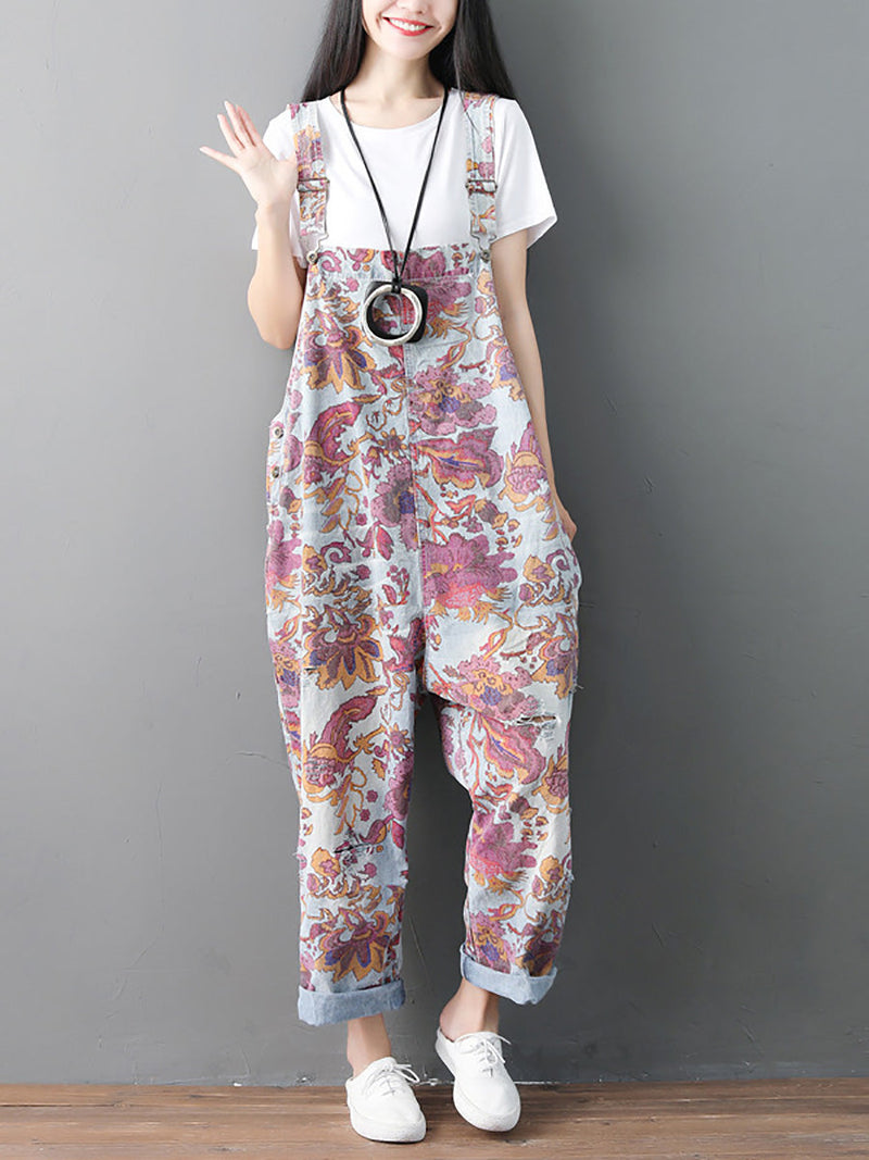 Autumn Flower Denim Loose Jumpsuits Ah1049