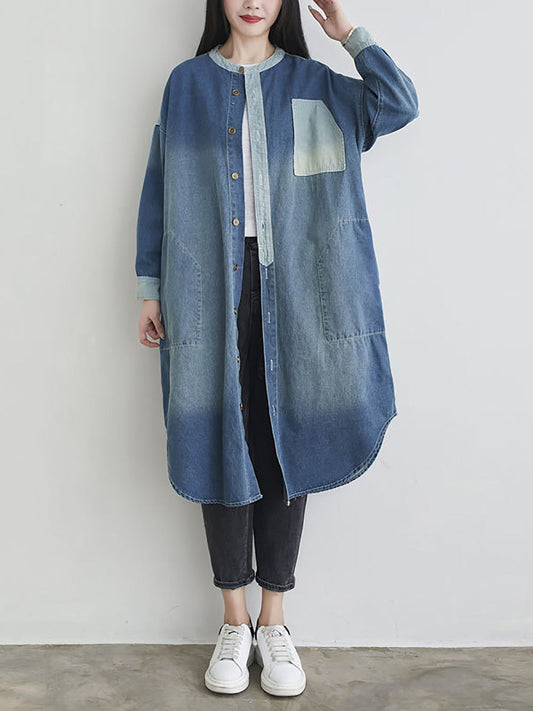 Autumn Colorblock Pocket Denim Coat Ah1041