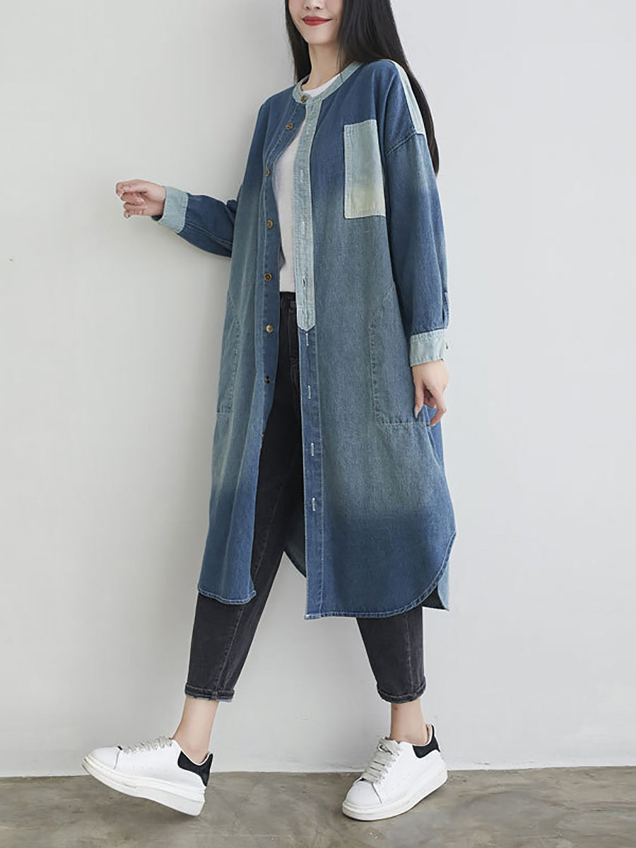 Autumn Colorblock Pocket Denim Coat Ah1041