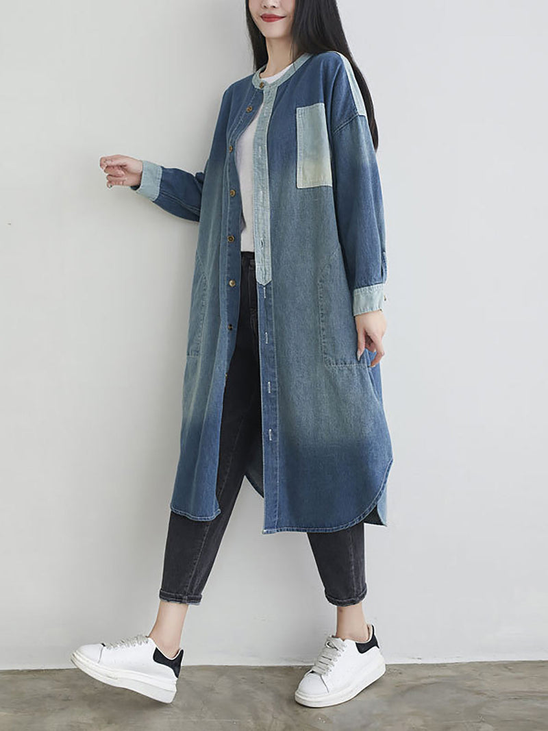 Autumn Colorblock Pocket Denim Coat Ah1041