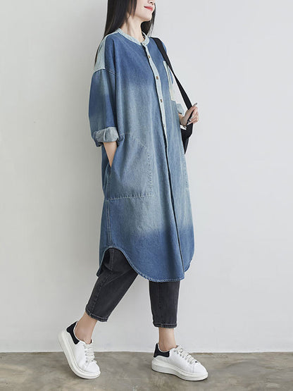 Autumn Colorblock Pocket Denim Coat Ah1041