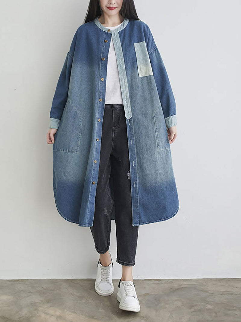 Autumn Colorblock Pocket Denim Coat Ah1041