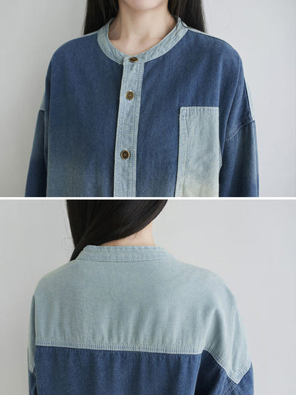 Autumn Colorblock Pocket Denim Coat Ah1041