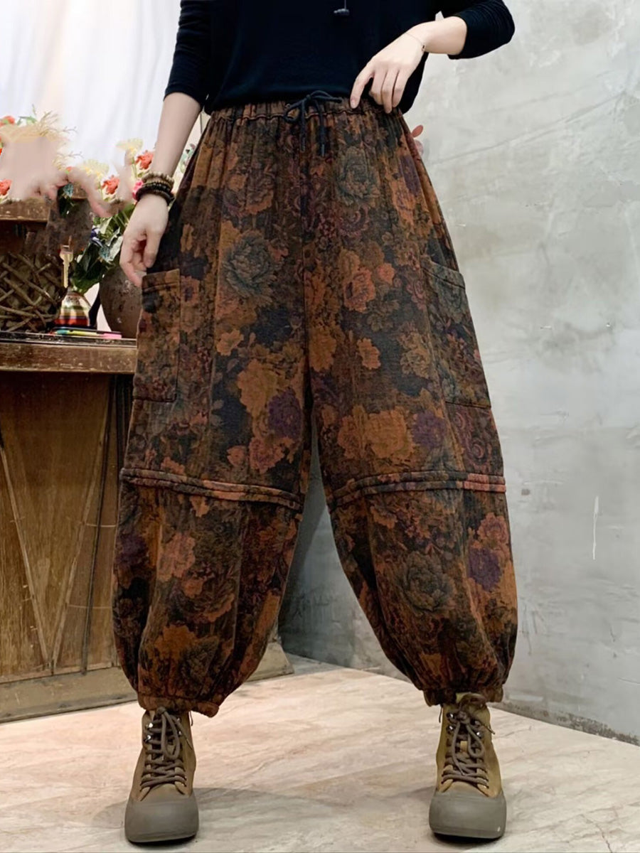 Autumn Flower Spliced Cotton Harem Pants Ah1004