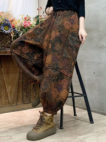 Autumn Flower Spliced Cotton Harem Pants Ah1004