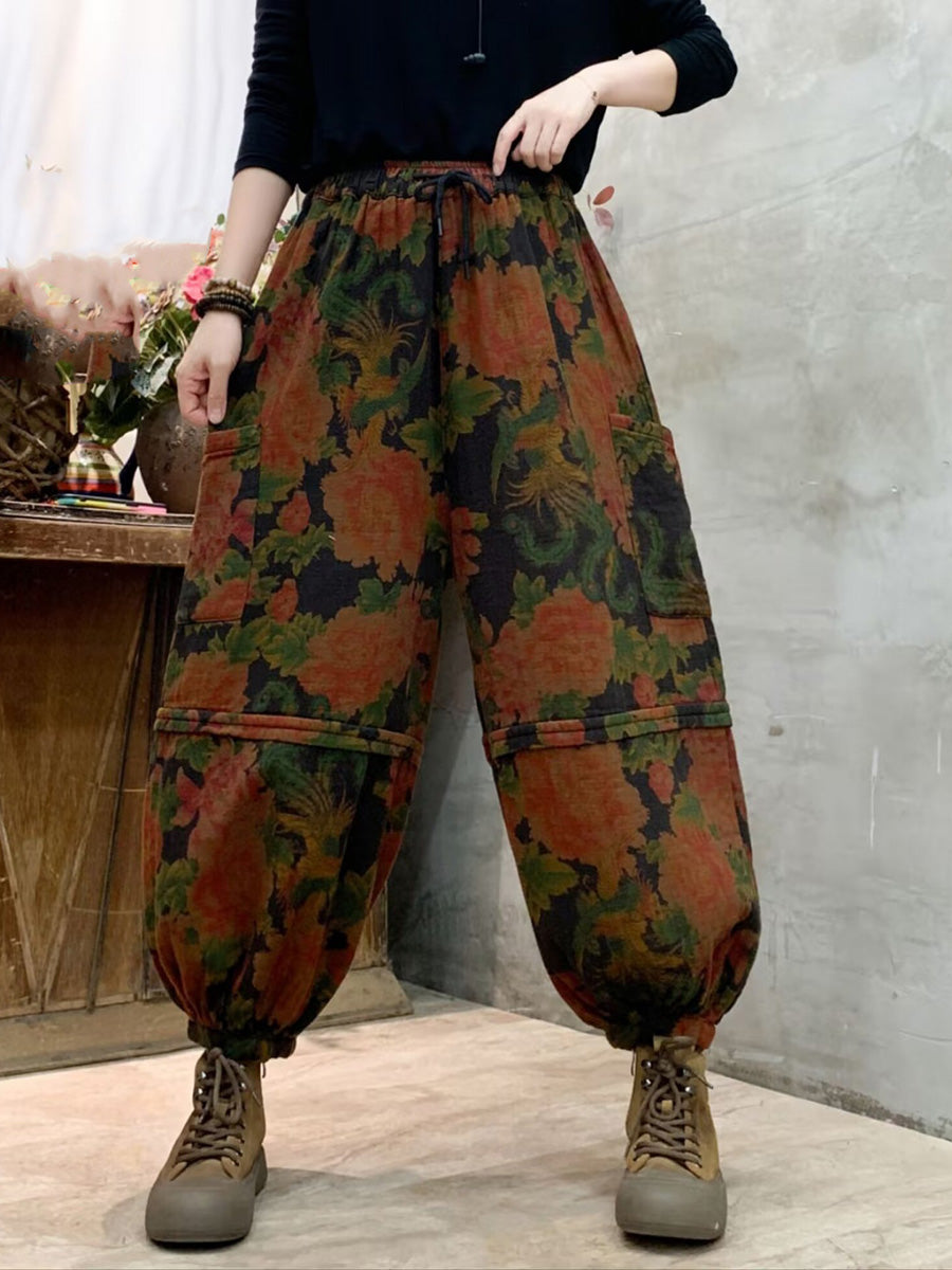 Autumn Flower Spliced Cotton Harem Pants Ah1004