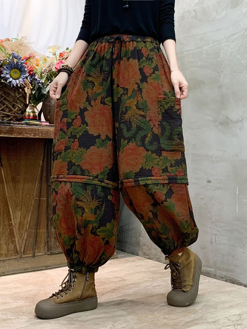 Autumn Flower Spliced Cotton Harem Pants Ah1004