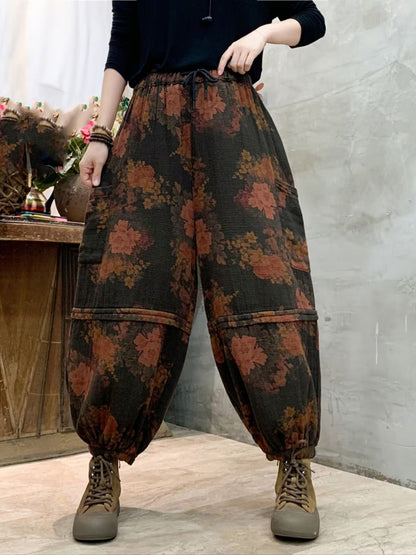 Autumn Flower Spliced Cotton Harem Pants Ah1004
