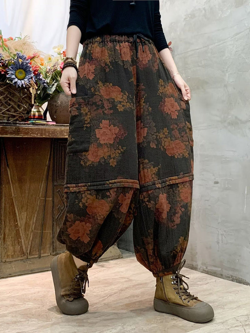 Autumn Flower Spliced Cotton Harem Pants Ah1004