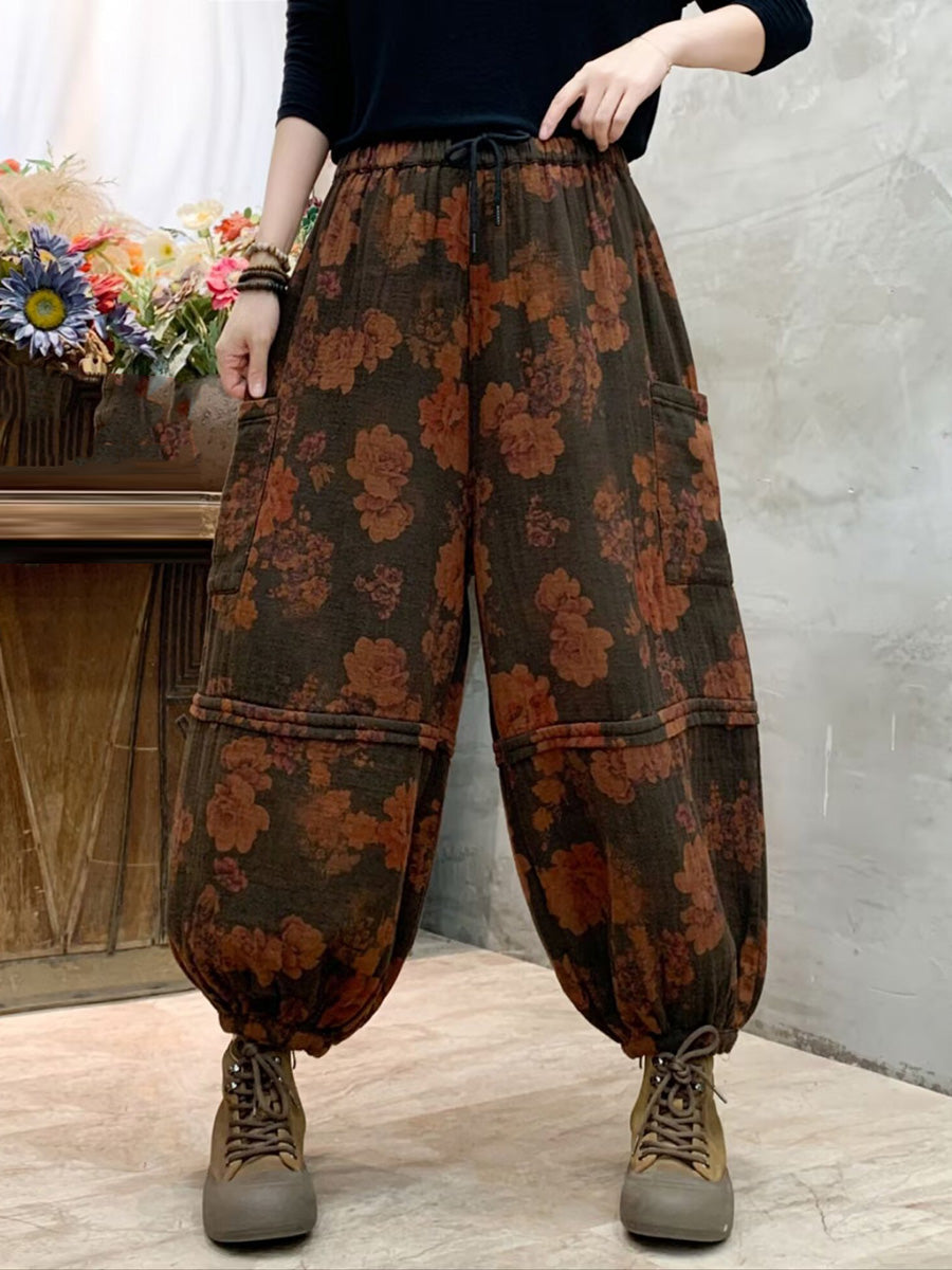 Autumn Flower Spliced Cotton Harem Pants Ah1004