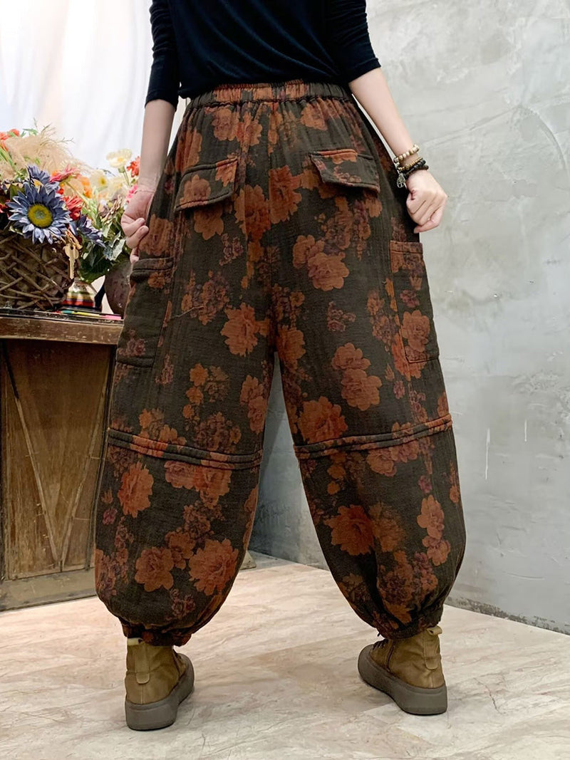 Autumn Flower Spliced Cotton Harem Pants Ah1004