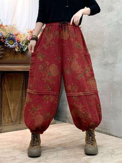 Autumn Flower Spliced Cotton Harem Pants Ah1004