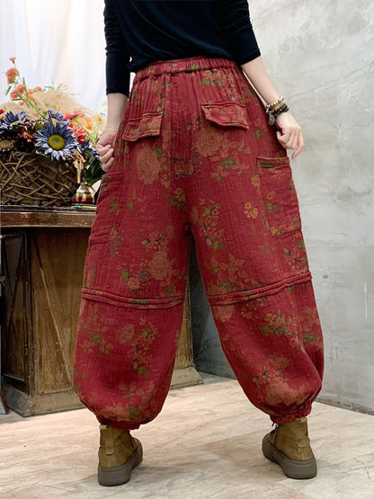 Autumn Flower Spliced Cotton Harem Pants Ah1004
