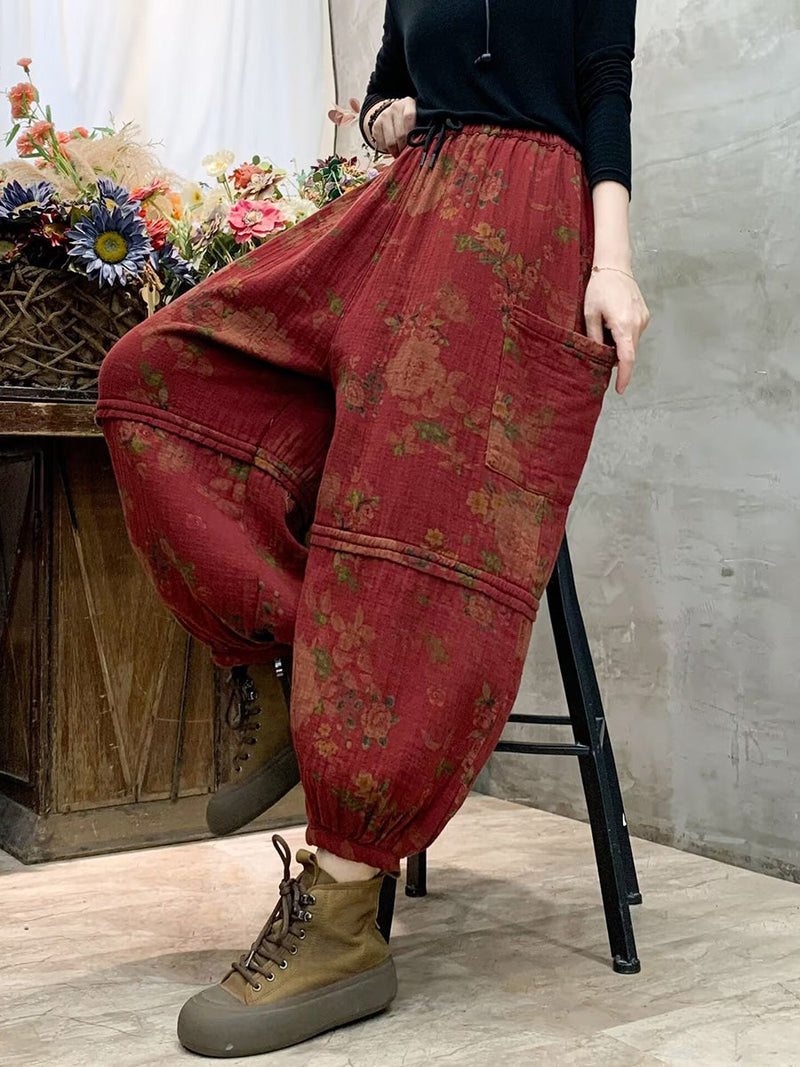 Autumn Flower Spliced Cotton Harem Pants Ah1004