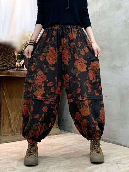 Autumn Flower Spliced Cotton Harem Pants Ah1004
