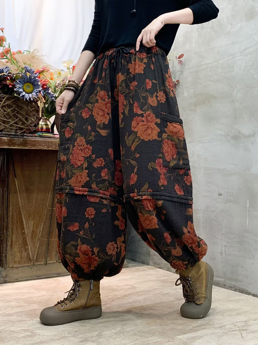 Autumn Flower Spliced Cotton Harem Pants Ah1004
