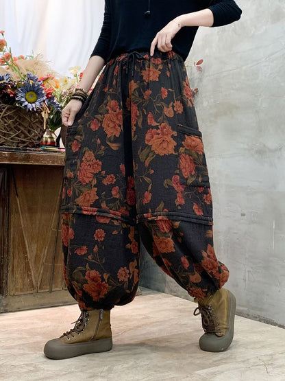 Autumn Flower Spliced Cotton Harem Pants Ah1004