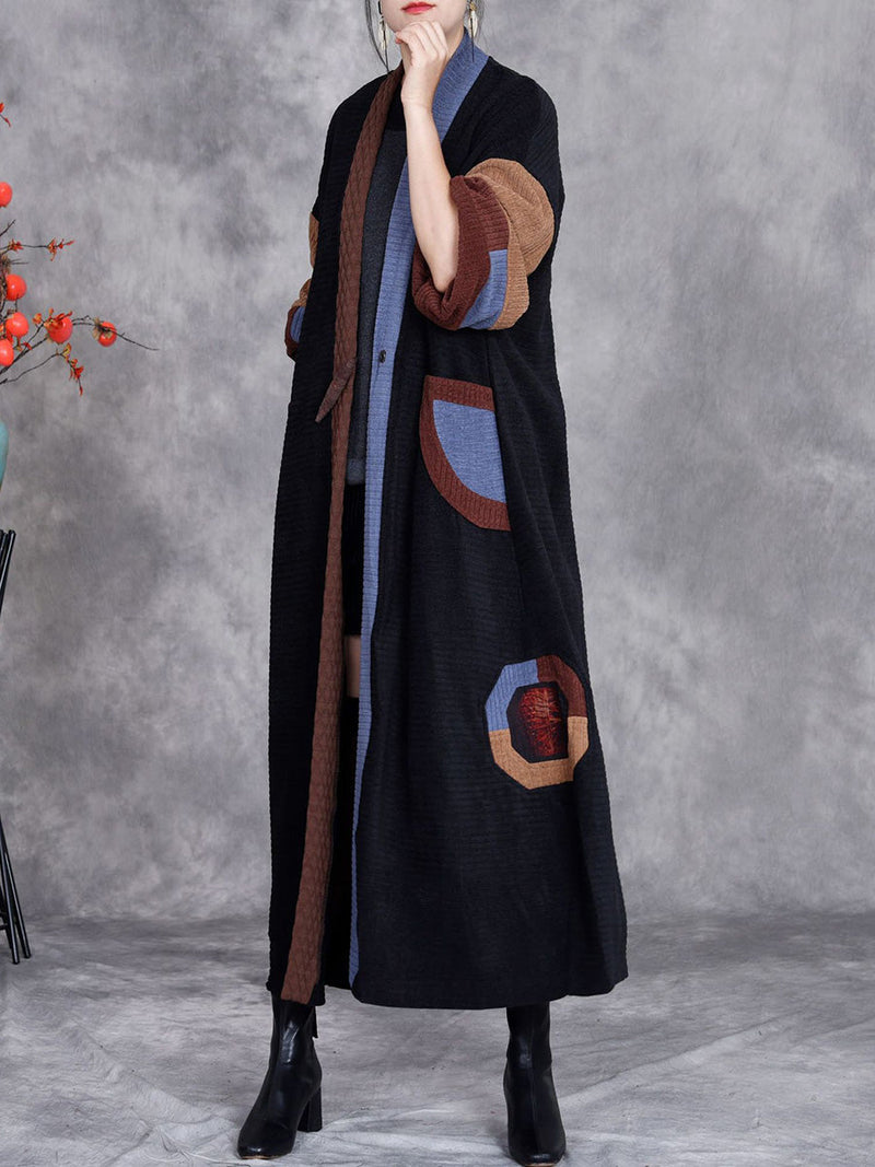 Winter Artsy Colorblock Cardigan Long Coat Ah1020