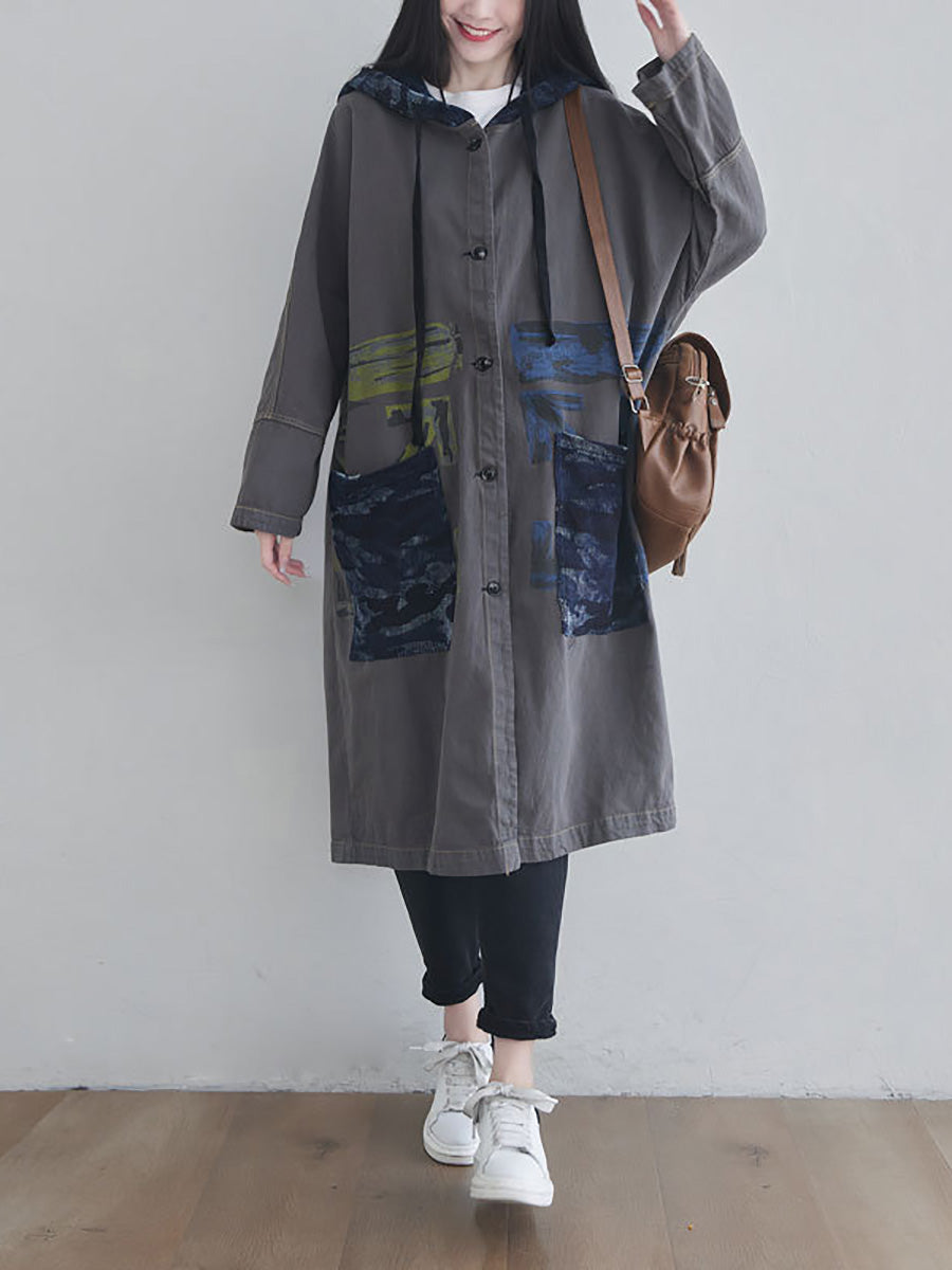 Autumn Artsy Colorblock Cotton Hooded Coat Ah1030