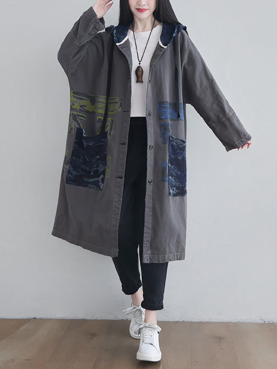 Autumn Artsy Colorblock Cotton Hooded Coat Ah1030