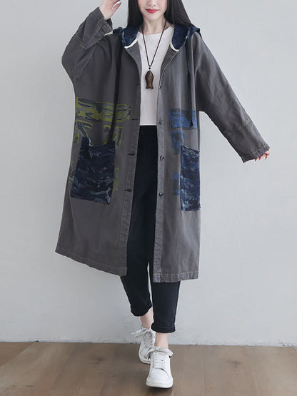 Autumn Artsy Colorblock Cotton Hooded Coat Ah1030