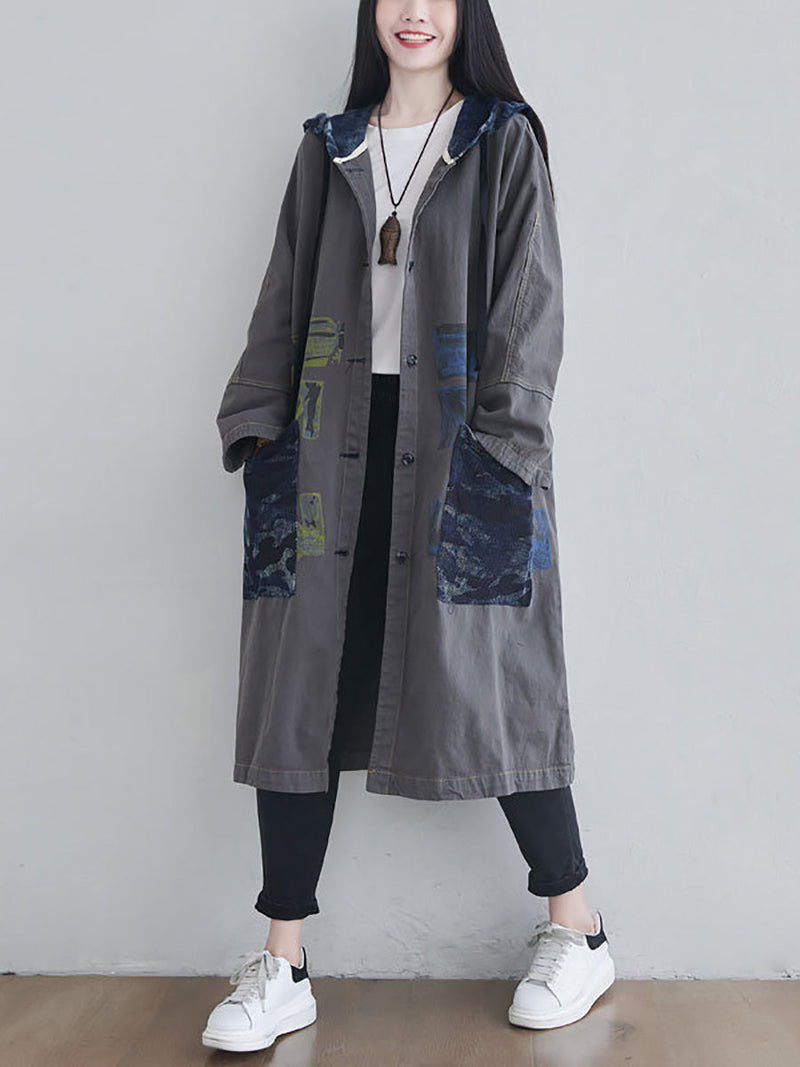 Autumn Artsy Colorblock Cotton Hooded Coat Ah1030