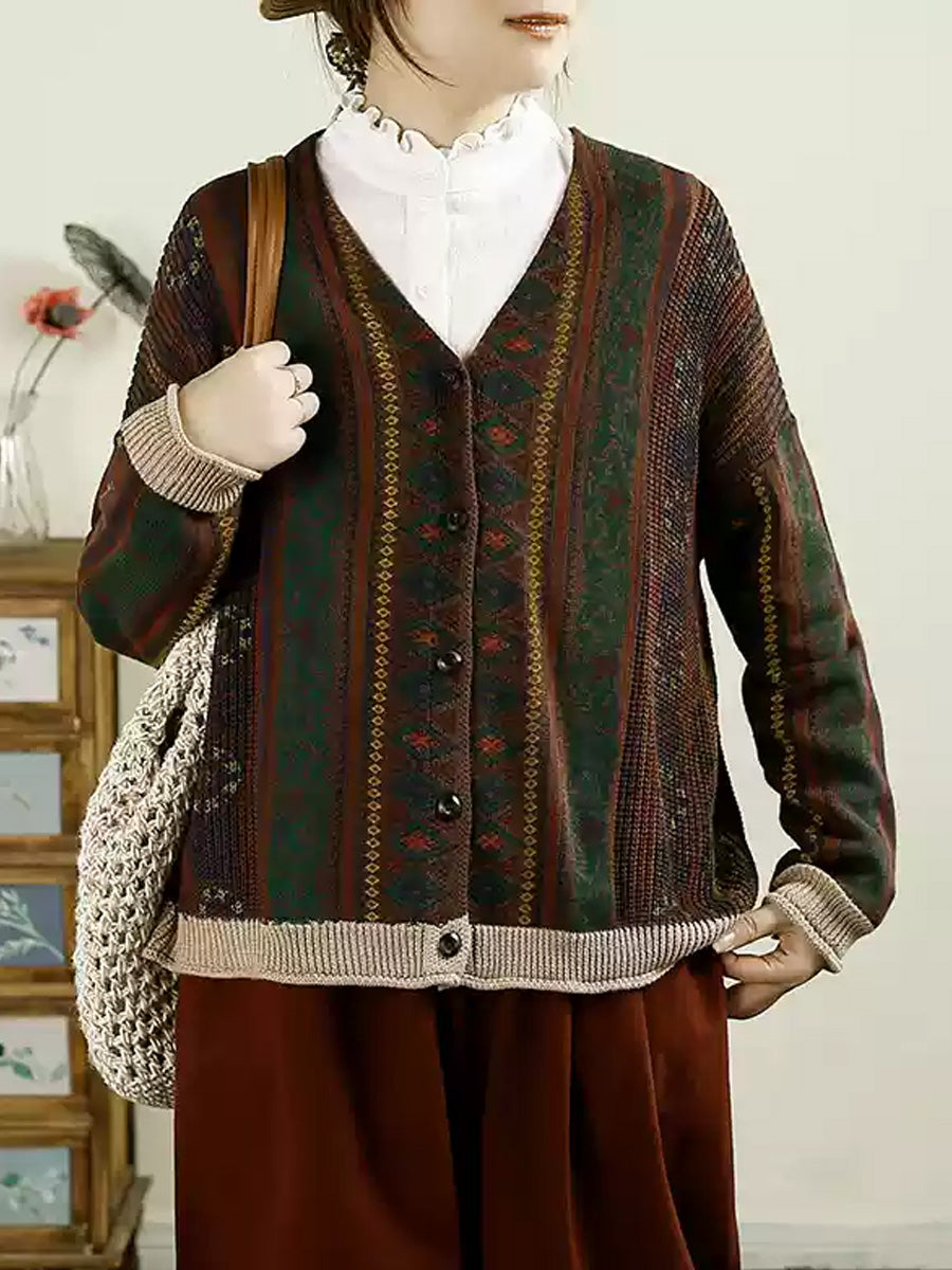 Autumn Colorblock Knit V-neck Cardigan Sweater Ah1040