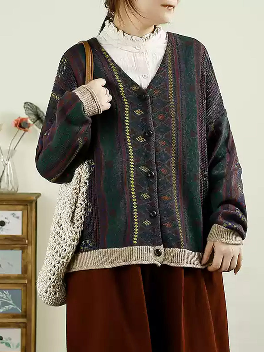 Autumn Colorblock Knit V-neck Cardigan Sweater Ah1040