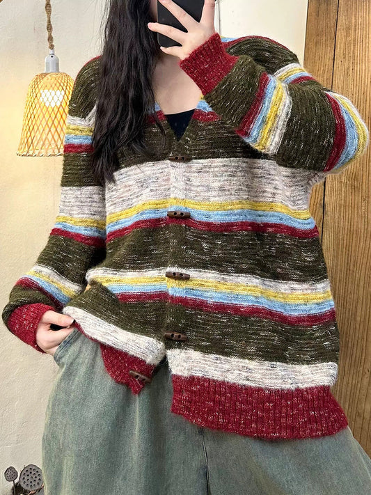 Artsy Autumn Stripe Cardigan Sweater Coat Ah1027